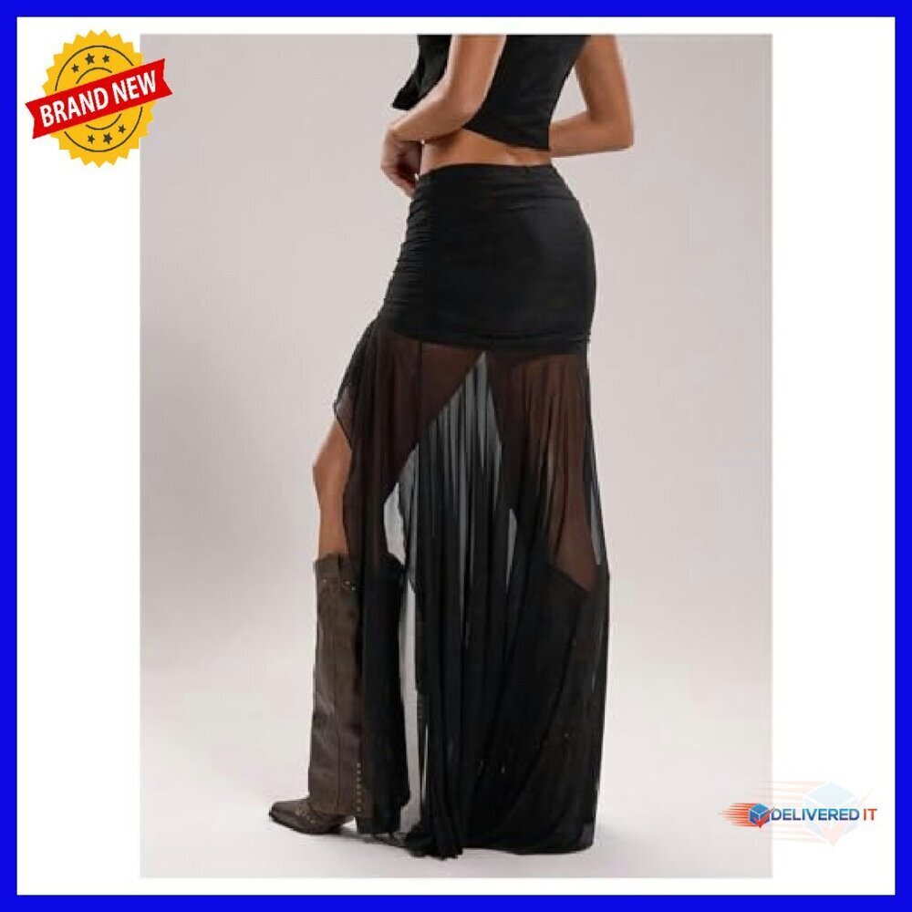 Sheer Mesh Pleated Maxi Skirt Split Thigh Asymmetrical Bodycon - Picture 3 of 6